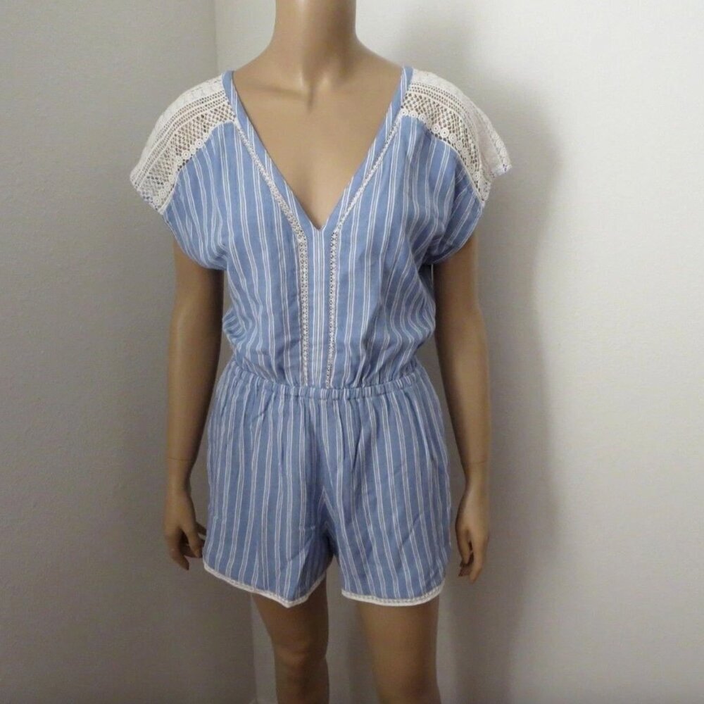 NWT Abercrombie Womens Lace Pieced Dolman Romper Size XS Striped V-Neck Blue